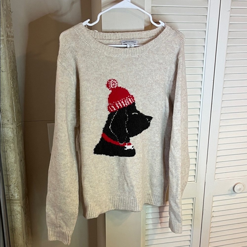 Cupcakes and Cashmere Dog Graphic Knit Sweater Oatmeal Size L